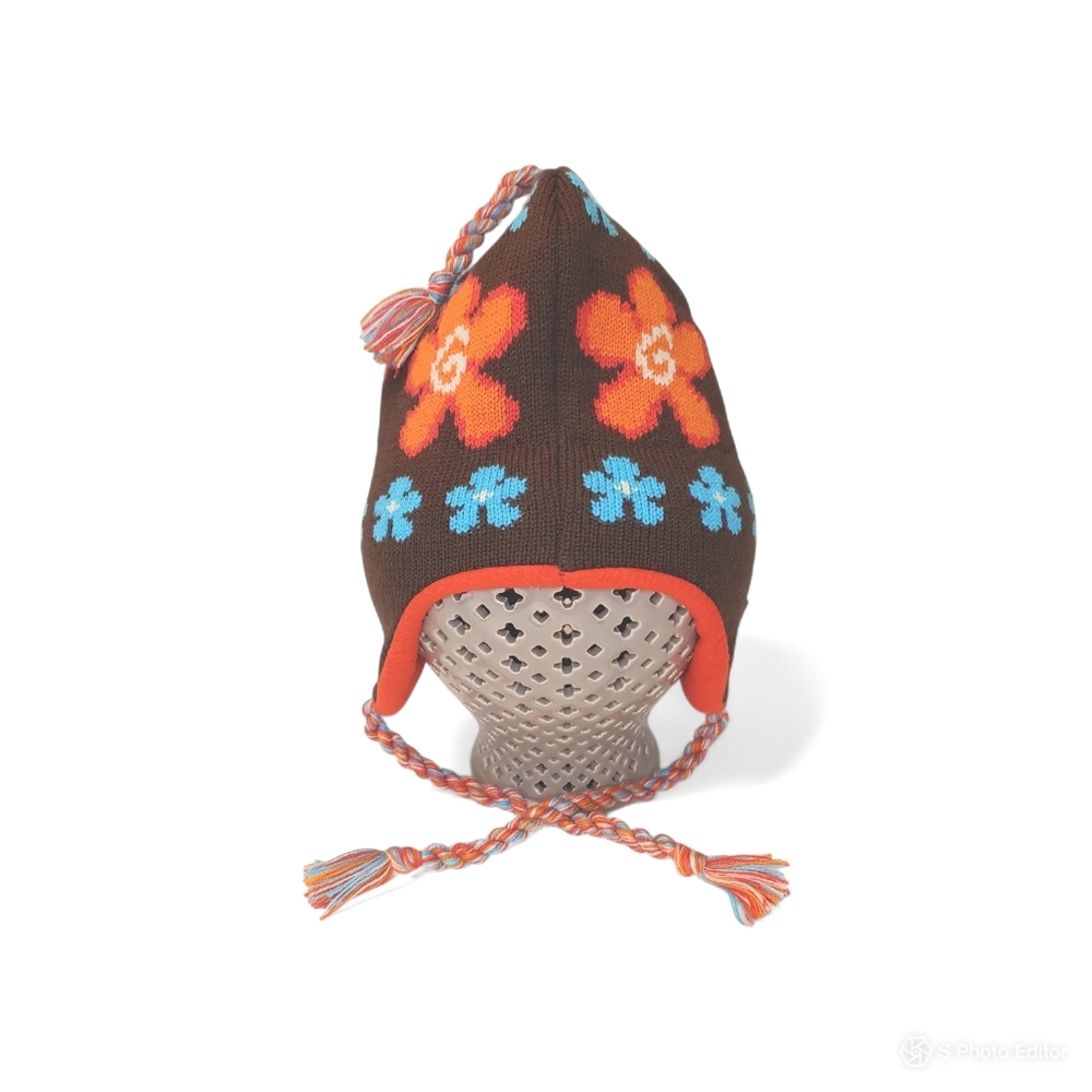 Winter gear girls Alaska multicolor brown floral tassel beanie hat one size NWT